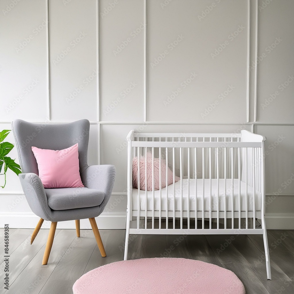 Wall mural Pink pillow and blanket in a white cradle alongside a grey chair in a minimalist baby s room with room for text