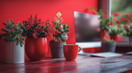 A red cup with a computer, a mug, and several potted plants on red wall