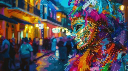 Obraz premium A masked figure adorned with colorful feathers and beads stands out in a bustling, vibrant street scene.