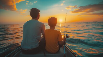 In the tranquil glow of sunset, a father and son bond over fishing, creating cherished memories