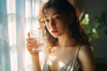 女性, 女の子, 水, コップ, コップ一杯の水, 水を飲む女の子, 朝, 朝日, 健康, woman, girl, water, glass, glass of water, girl drinking water, morning, morning sun, health