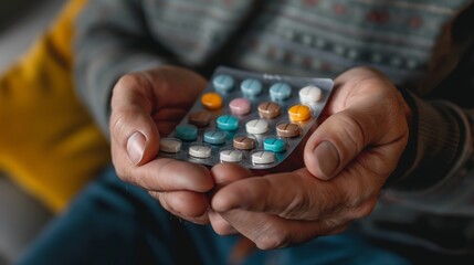 In the warmth of his home, a man carefully holds a blister pack of colorful pills