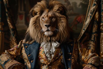 Regal Lion in Luxurious Attire, Perfect for Fashion or Wildlife Themed Designs Generative AI