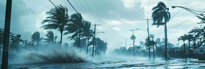 Intense tropical storm causing severe flooding in the city, with palm trees swaying in the wind and water covering the streets, highlighting the dramatic and powerful effects of extreme weather on urb