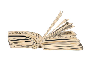 Open book isolated on white background. Opened vintage book with fluttering pages. Literature, dictionary, textbook or encyclopedia. Handbook for reading. Poetry or Book Day. Stock vector illustration