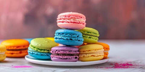 Fototapeta premium A pile of delicious rainbow colored macarons, afternoon tea, snack, dessert, Happy New Year background, birthday, festive, colorful, Christmas, Women's Day, Valentine's Day, dream, gift, souvenir, wed