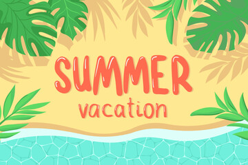 Obraz premium Summer vacation and holiday flat lettering with palm leaf and ocean coast. Vector illustration.