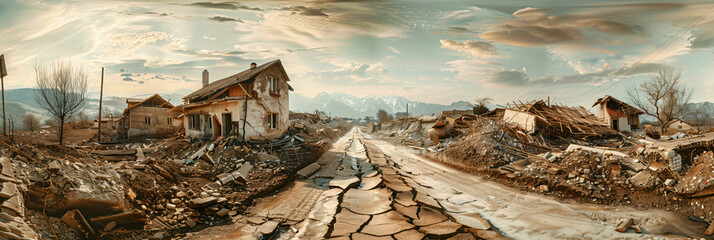 Aftermath of a powerful earthquake in rural villages, highlighting the destruction of buildings and...