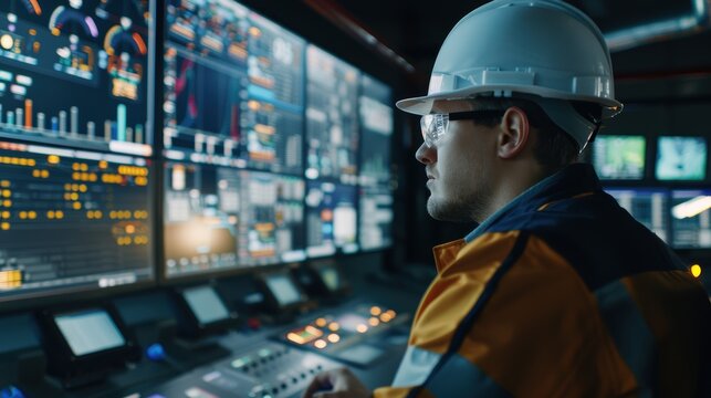 Advanced control room of a clean energy company, featuring monitoring tools for grid technologies, with an engineer in a hard hat and glasses