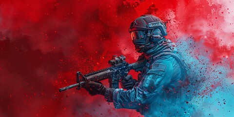 Fototapeta premium Patriotic US Soldier with Flag, Stylized Heroic Art