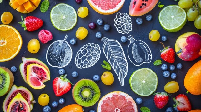 A colorful chalkboard menu with handdrawn illustrations of fresh fruits and their benefits enticing customers to try new and healthy juice concoctions at the Island Juice Bar.