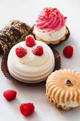 Delectable assortment of gourmet pastries featuring meringue with raspberries, a chocolate-covered treat with nuts, and two beautifully decorated cakes with creamy frosting.