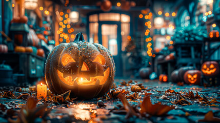 Jack-o'-lantern with candle, spooky Halloween decor with pumpkin