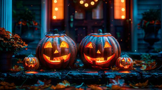 Jack-o'-lanterns on steps, Halloween night pumpkin