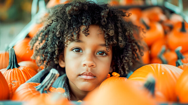 Child with afro surrounded by pumpkins in autumn, Halloween outdoor, festive season