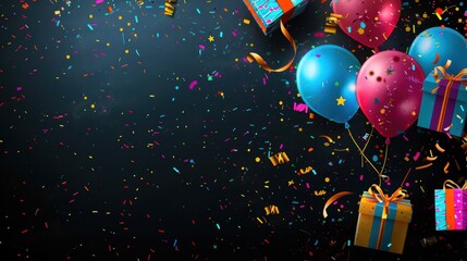 Colorful party scene with balloons, confetti, and gift boxes against a black background, perfect for a birthday celebration