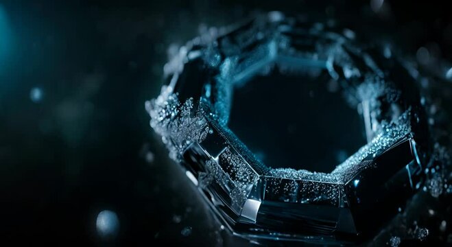 
Hexagon and heptagon ice against a dark background with a double exposure effect of an octagon and pentagon ice in the foreground.