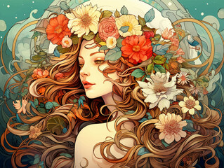 Abstract classic art decoration beautiful woman portrait with flower crown on hair, international women's day background illustration
