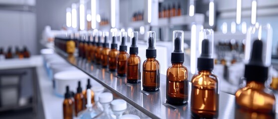 High-end cosmetic manufacturing in a sleek, modern factory with rows of amber glass dropper bottles Bright lighting and clean setup highlighting advanced production methods