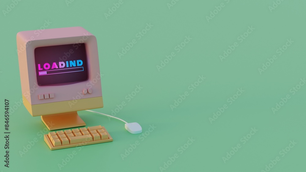 Poster Retro Computer Loading Animation: Vibrant Neon Typography and Dynamic Progress Indicators