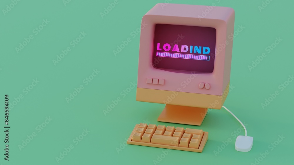 Poster Retro Computer Loading Animation: Vibrant Neon Typography and Dynamic Progress Indicators