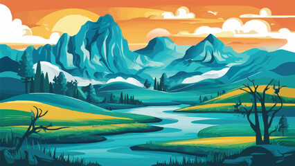 Mountain and lake landscape Chinese background. in traditional oriental, minimalistic Japanese style. Vector illustration