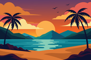 Landscape of a beautiful sunset on the beach. Warm, gorgeous sunset on a paradise beach. Calm ocean waves, palm trees and mountains vector