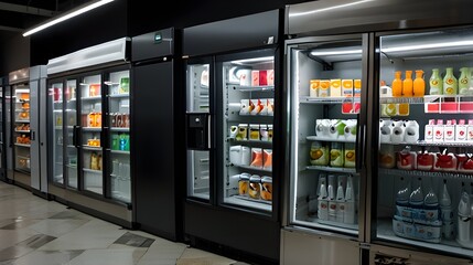 Assorted types of refrigerators in a supermarket, 