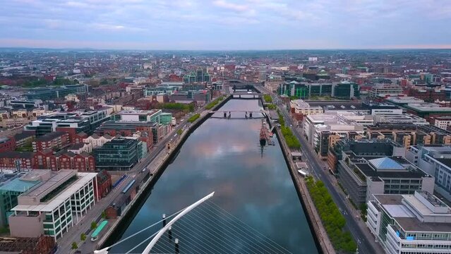 Aerial view over Dublin City Centre in Republic of Ireland. The drone is flying near the Dublin port.
