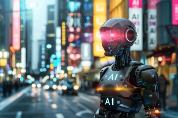 Fototapeta premium Futuristic AI robot in urban cityscape, symbolizing advanced artificial intelligence, robotics, smart cities, and technological innovation in modern urban environments