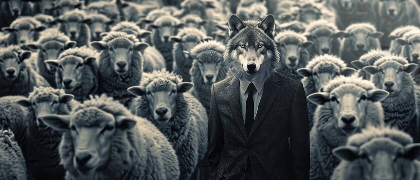 Wolf in a business suit among sheep, symbolizing the hidden agendas and deceitful practices in the corporate world