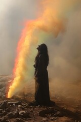 Young actress wearing a long dress is standing on a rocky surface, with colorful smoke rising behind her, during a dramatic scene for a movie
