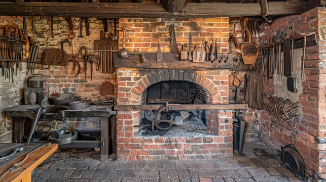 A blacksmiths shop complete with a brick forge and tools hanging on the wall showcasing the skilled labor that was essential in the Old West.