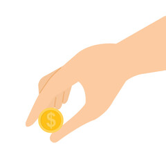 A hand holding a coin isolated on white background. Vector illustration.