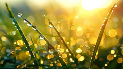 A high-resolution wallpaper featuring a close-up of dew-covered morning grass illuminated by the sun perfect for spring screensavers