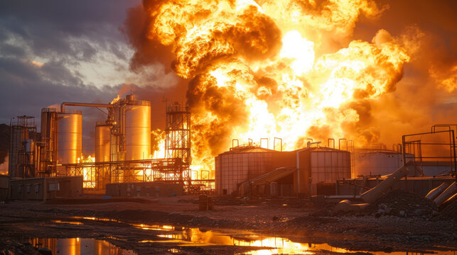 A catastrophic industrial explosion with massive flames and thick smoke engulfing a large factory complex.