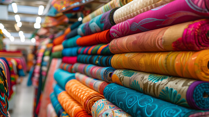 Rolls of various textiles in a fabric store display. Vibrant colors and diverse patterns, ideal for themes related to fashion, textiles, and interior design