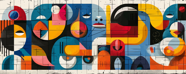 Urban street art mural with vibrant colors and abstract shapes Vector flat minimalistic isolated illustration