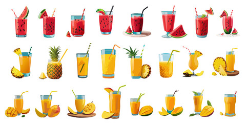 glass of watermelon, pineapple, mango juice package, Summer Drink, Fruit drink, cafe, bar, restaurant menu, Vector illustration