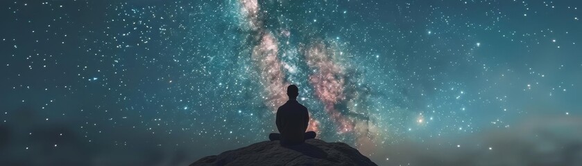 Obraz premium Figure sitting on a rock gazing at the Milky Way, the night sky illuminated with countless stars, creating a tranquil and aweinspiring celestial vista