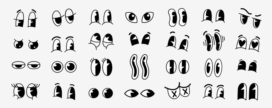 Retro cartoon funny eyes. Groovy vintage 30s 60s 70s eyes with various emotions