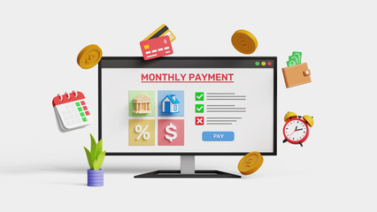 Subscription payment, loan, mortgage, tax, saving and expenses concept. Monthly payments via computer on white background. 3d illustration