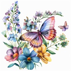Vibrant watercolor clipart featuring a stunning butterfly garden isolated on white background