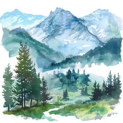 A beautiful watercolor clipart featuring a tranquil mountain landscape, isolated on a white background