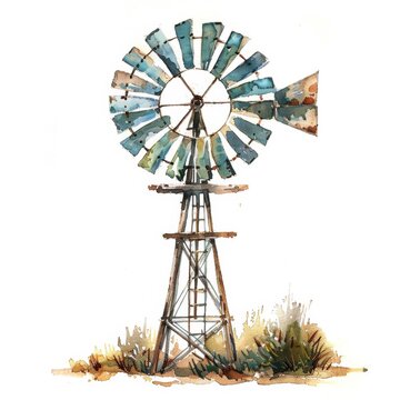 Capture the rustic charm with this watercolor clipart featuring a picturesque windmill isolated on a white background
