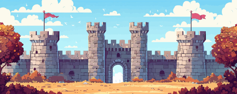 Medieval castle courtyard with a fountain and banners Vector flat minimalistic isolated illustration