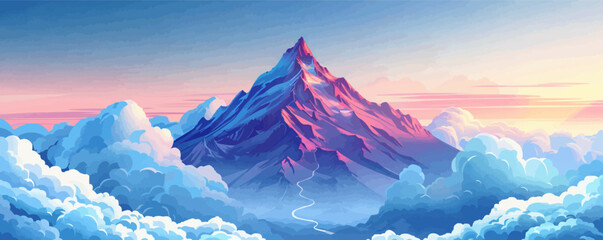 A mystical mountain peak shrouded in clouds with a winding trail leading to the summit. Vector flat minimalistic isolated illustration.