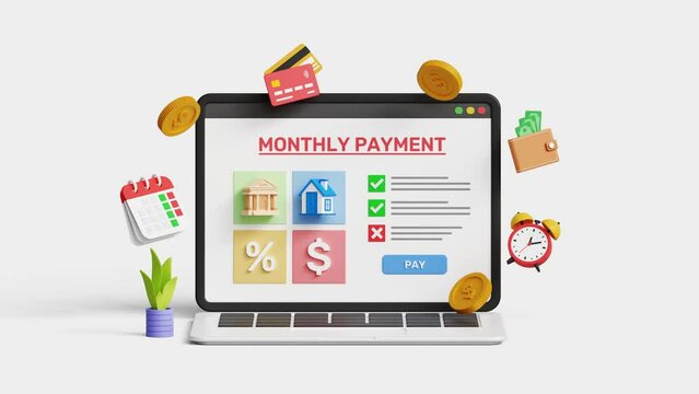 Membership subscription payment, loan, mortgage, tax, saving and expenses concept. Monthly payment date on a laptop on white background. 4k 3d animation