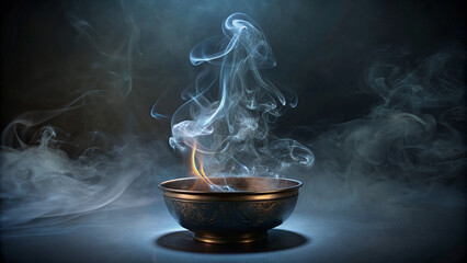 Ethereal Smoke Rising from Bowl - Intricate Pattern of Illuminated Smoke Against Dark Background, Perfect for Themes Related to Mystery, Spirituality, or Abstract Art.