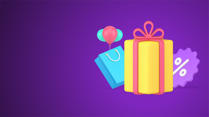 Festive holiday sale with gift box, paper shopping bag, air balloons and percentage tag 3d icon